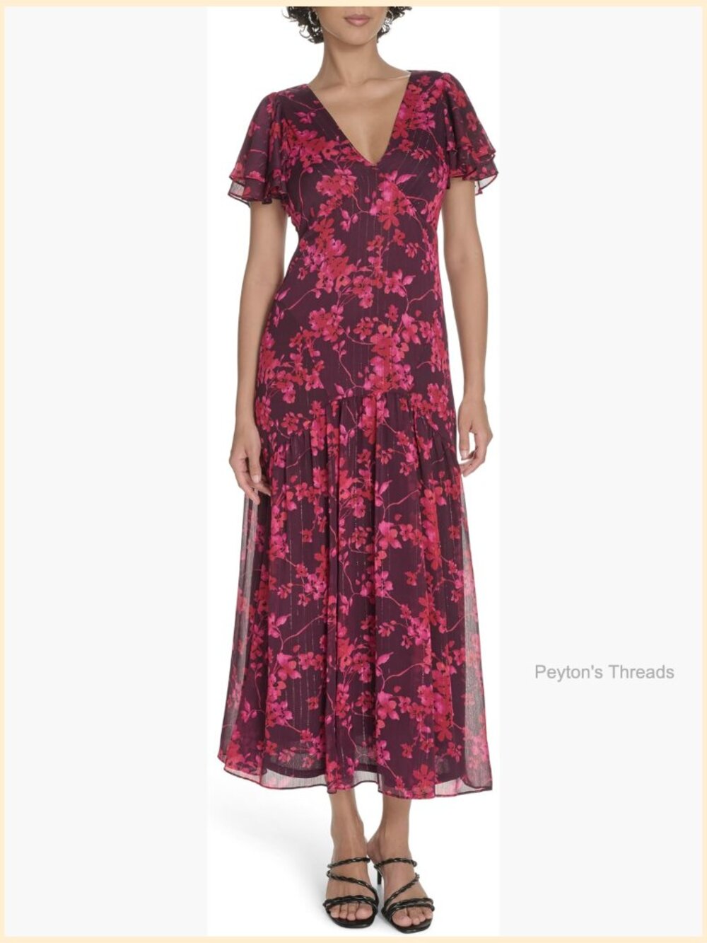Flutter Sleeve V Neck Tiered Maxi Dress - Polyester Metallic - Picture 1 of 5